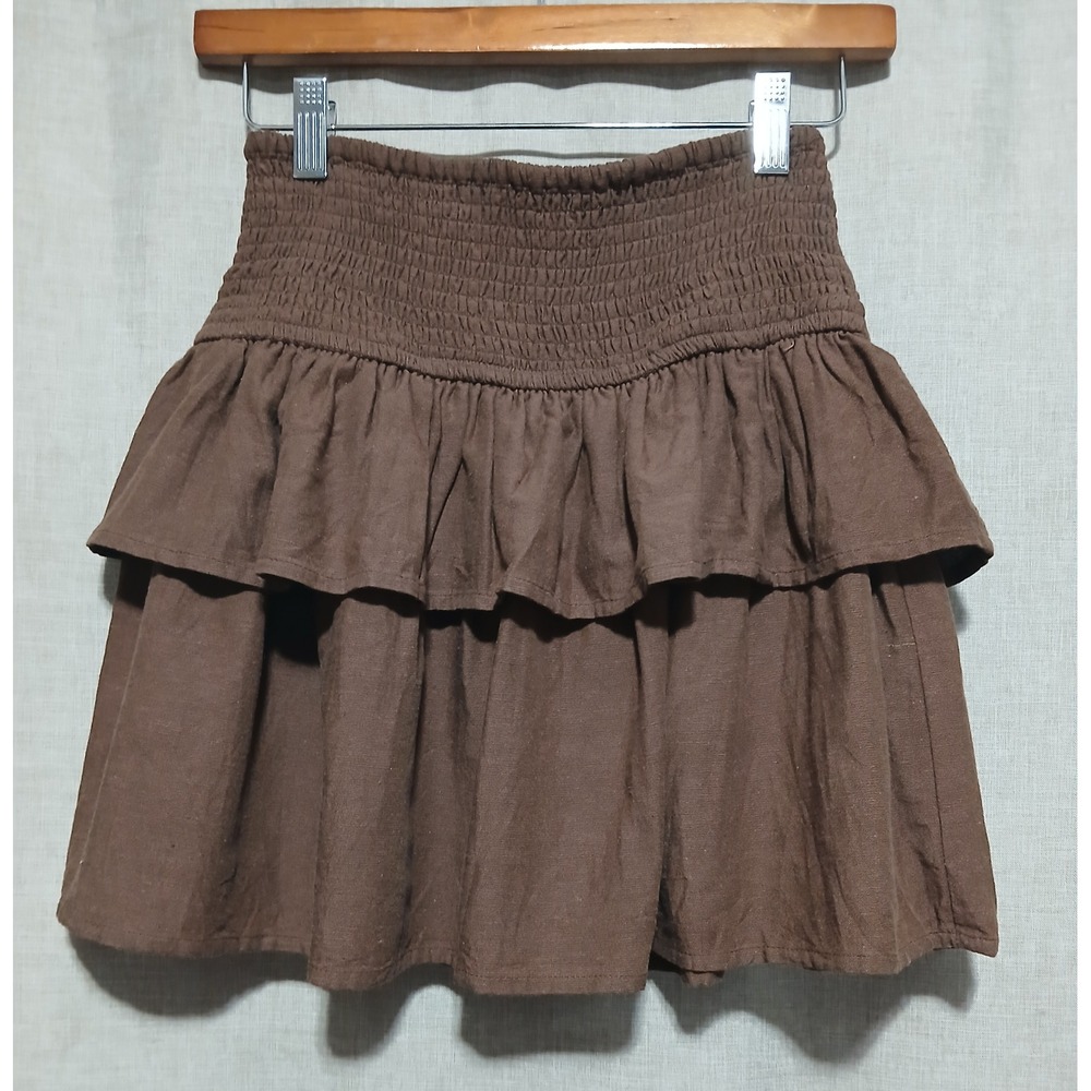 Midnight Sky Brown Tiered Ruffle Mini Skirt Smocked Waist Boho Linen Blend Small